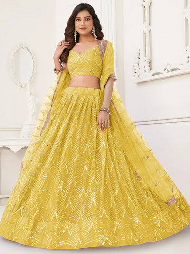 Astonishing Yellow Thread Work Net Function Wear Lehenga Choli